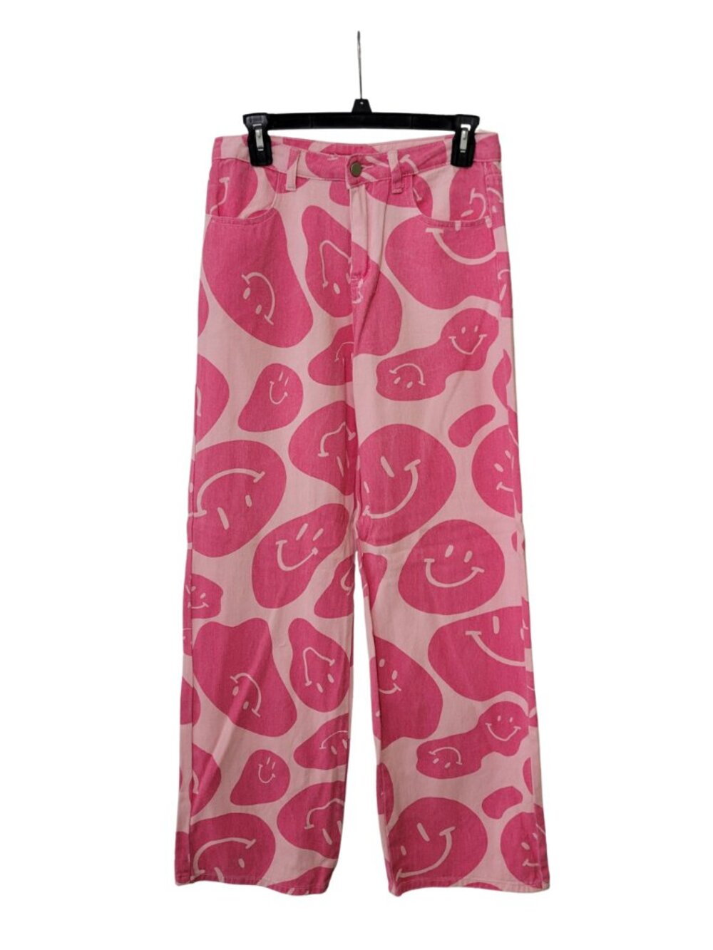 Pink Drippy Smiley Face High-Waisted Wide Leg Jeans | Medium